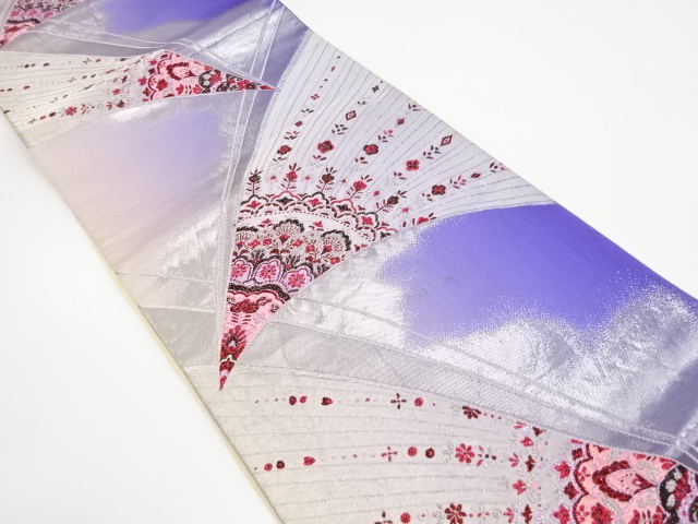 JAPANESE KIMONO / ANTIQUE FUKURO OBI / SILK / PLATINUM FOIL / WOVEN KIREDORI PATTERN